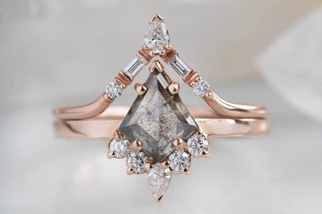 The Aster Ring with a Kite Shaped Salt and Pepper Diamond and stacking band