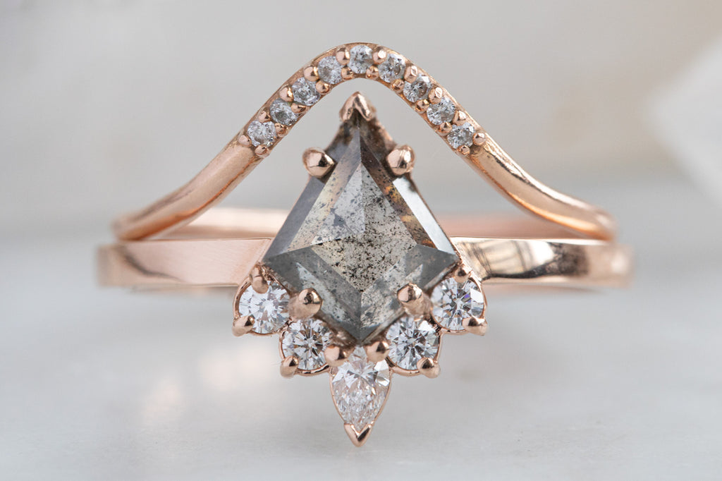 The Aster Ring with a Kite Shaped Salt and Pepper Diamond and stacking band