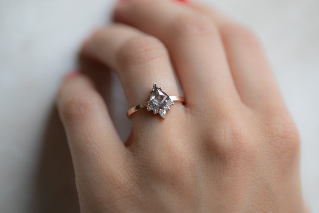 The Aster Ring with a Kite Shaped Salt and Pepper Diamond on model