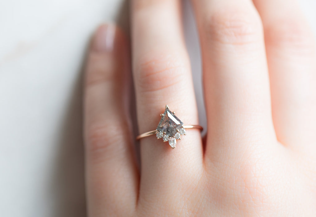 The Aster Ring with a Kite-Shaped Salt and Pepper Diamond on Model