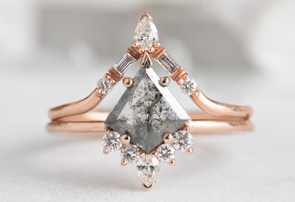The Aster Ring with a Kite-Shaped Salt and Pepper Diamond with Stacking Band