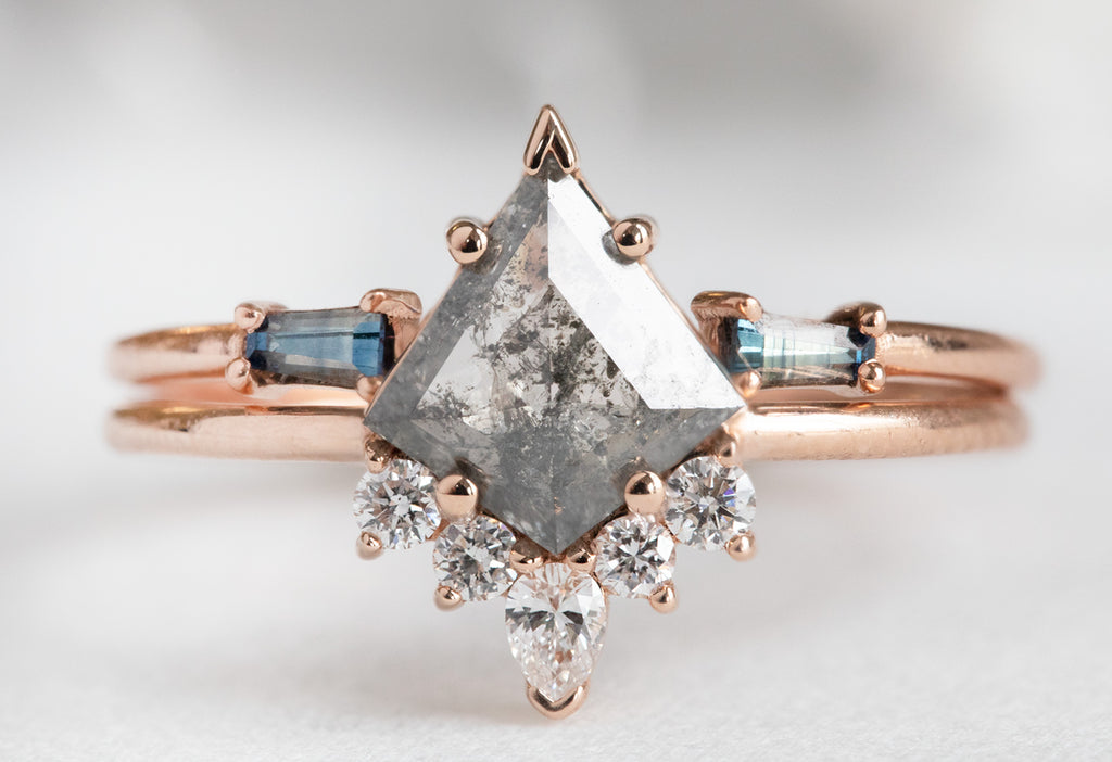 The Aster Ring with a Kite-Shaped Salt and Pepper Diamond with Stacking Band