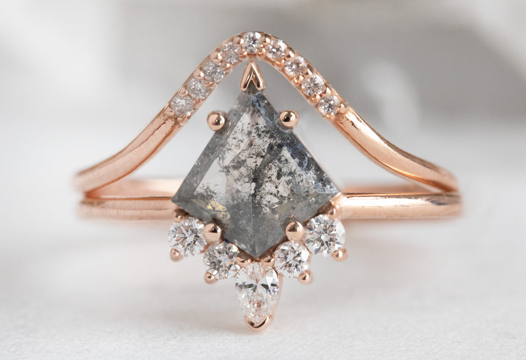 The Aster Ring with a Kite-Shaped Salt and Pepper Diamond with Stacking Band