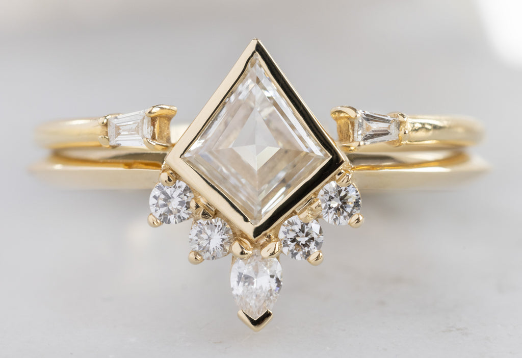 The Aster Ring with a Kite-Shaped White Diamond with Open Cuff Baguette Stacking Band