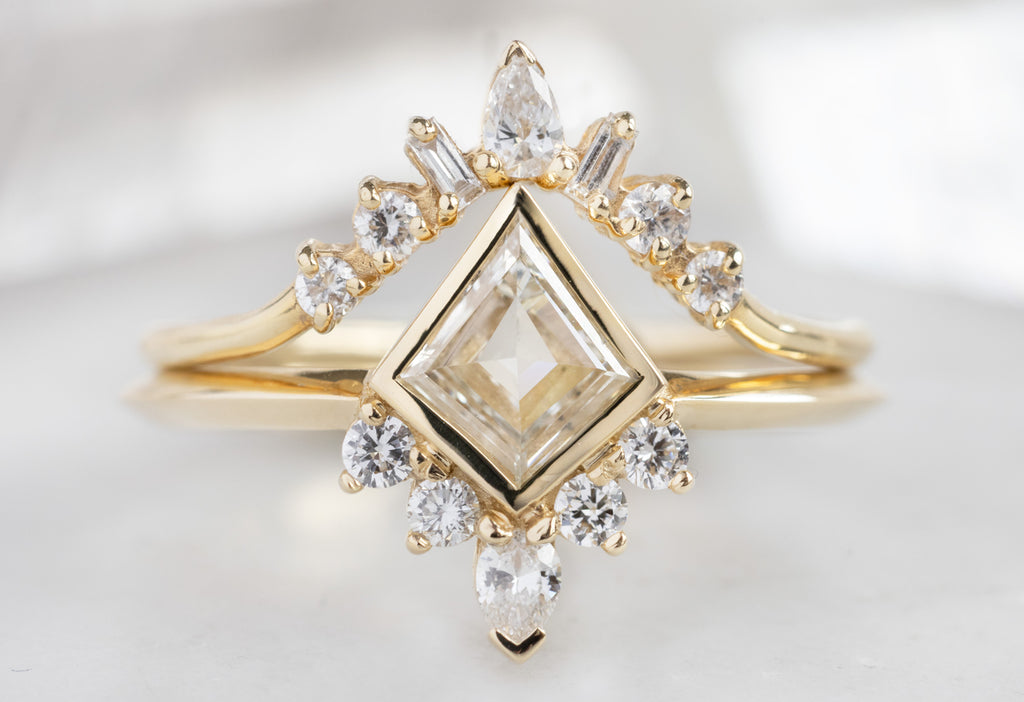 The Aster Ring with a Kite-Shaped White Diamond with White Diamond Geometric Sunburst Stacking Band