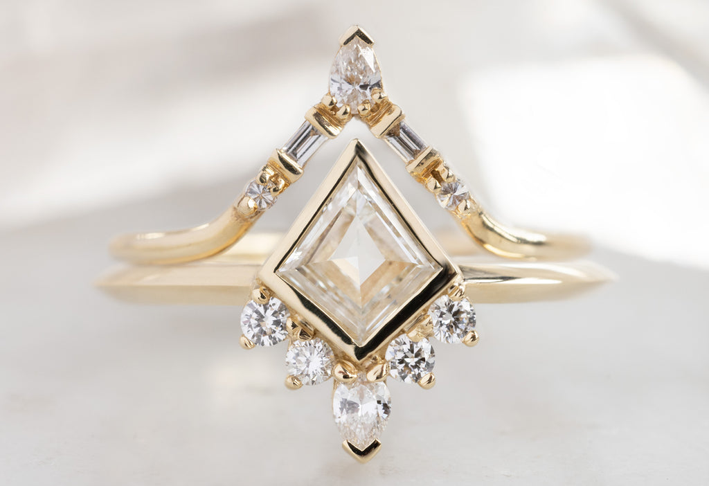 The Aster Ring with a Kite-Shaped White Diamond with White Diamond Tiara Stacking Band