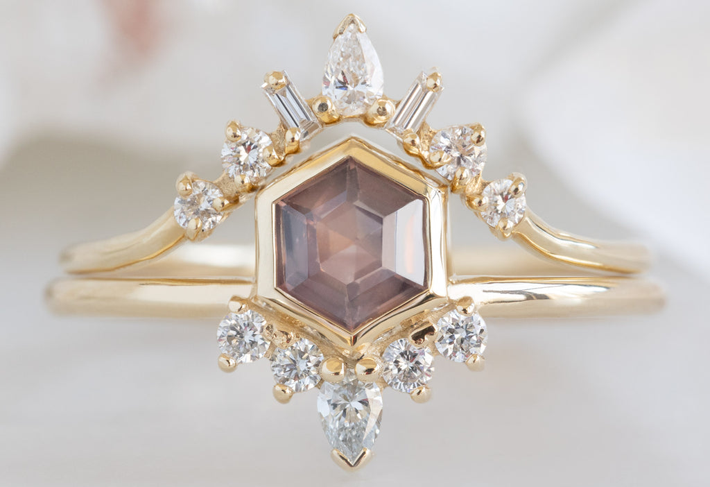 The Aster Ring with a Mauve Sapphire with Geometric Diamond Sunburst Stacking Band