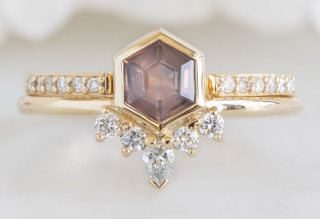The Aster Ring with a Mauve Sapphire with Open Cuff Pavé Stacking Band