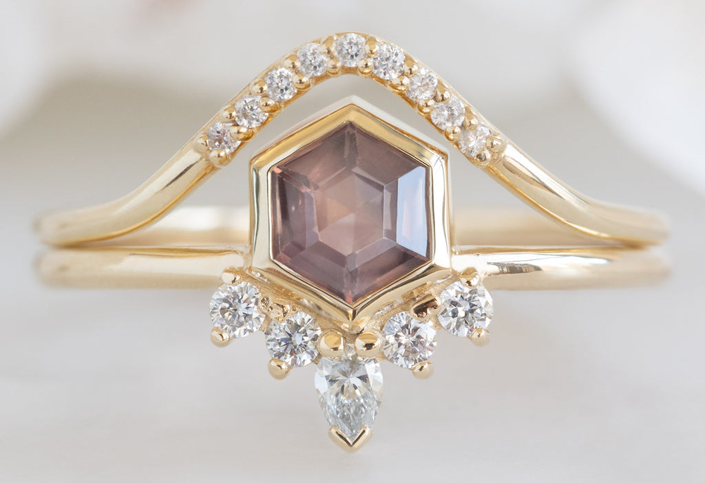 The Aster Ring with a Mauve Sapphire with Pavé Peak Stacking Band