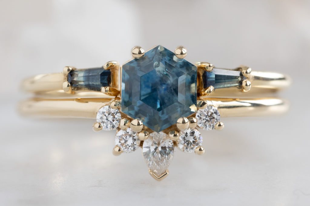 The Aster Ring with a Montana Sapphire Hexagon with Stacking Band