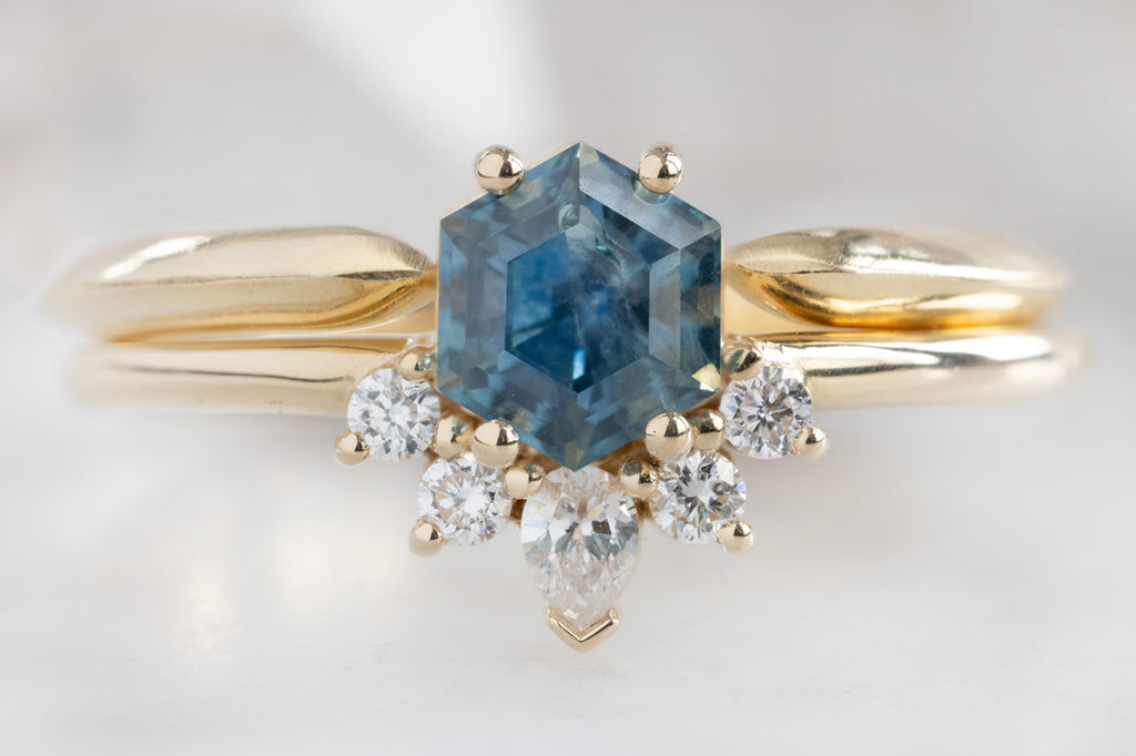 The Aster Ring with a Montana Sapphire Hexagon with Stacking Band