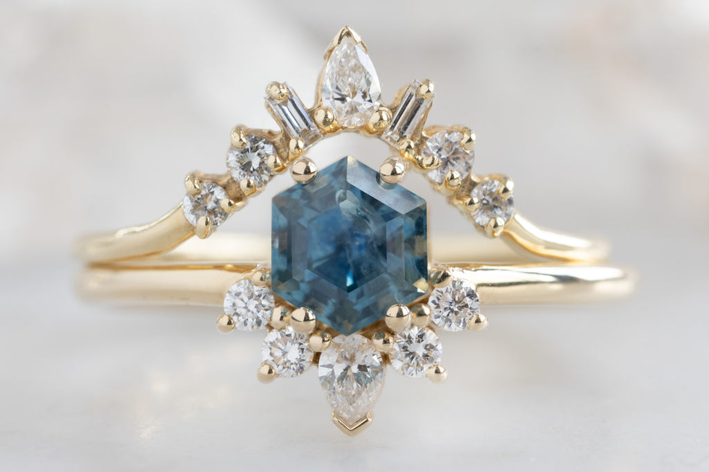 The Aster Ring with a Montana Sapphire Hexagon with Stacking Band