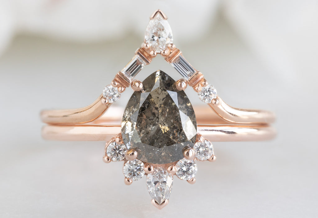 The Aster Ring with a Pear-Cut Salt and Pepper Diamond with White Diamond Tiara Stacking Band