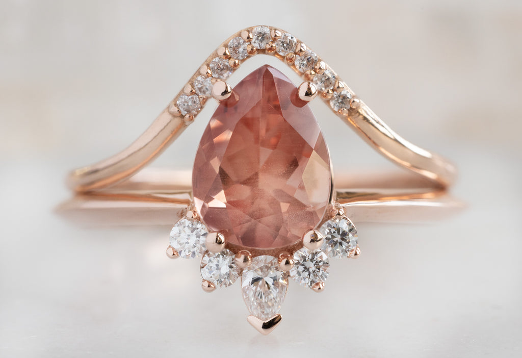 The Aster Ring with a Pear-Cut Sunstone with Pavé Diamond Peak Stacking Band
