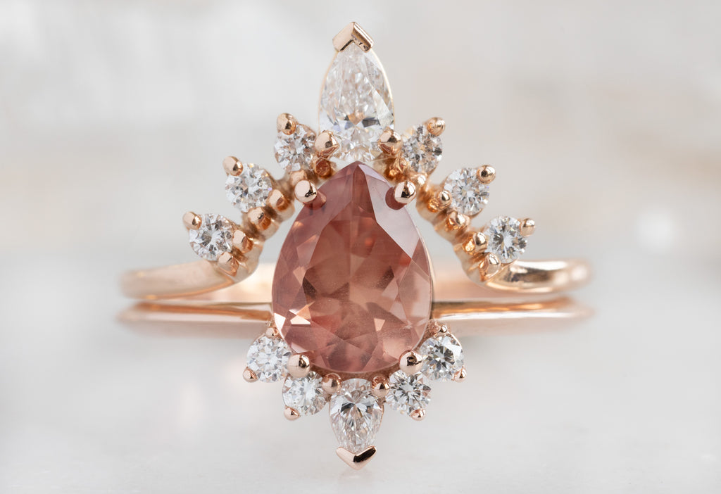 The Aster Ring with a Pear-Cut Sunstone with White Diamond Stacking Band