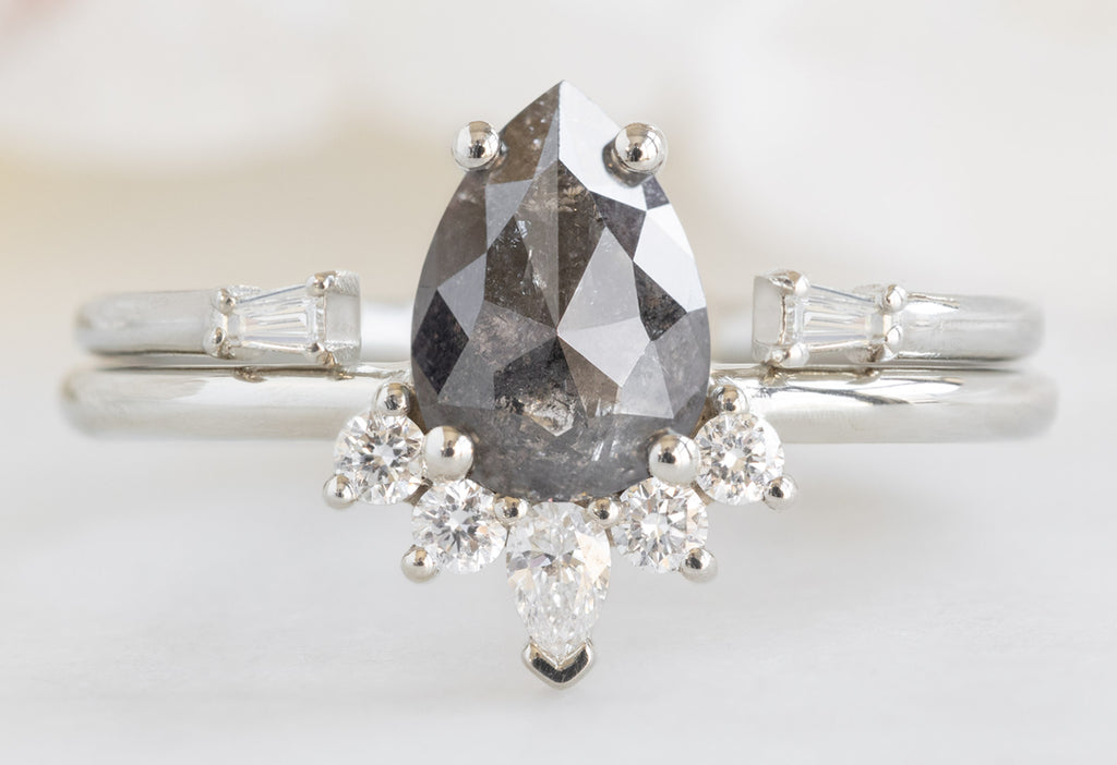 The Aster Ring with a Rose-Cut Black Diamond with Open Cuff Baguette Stacking Band