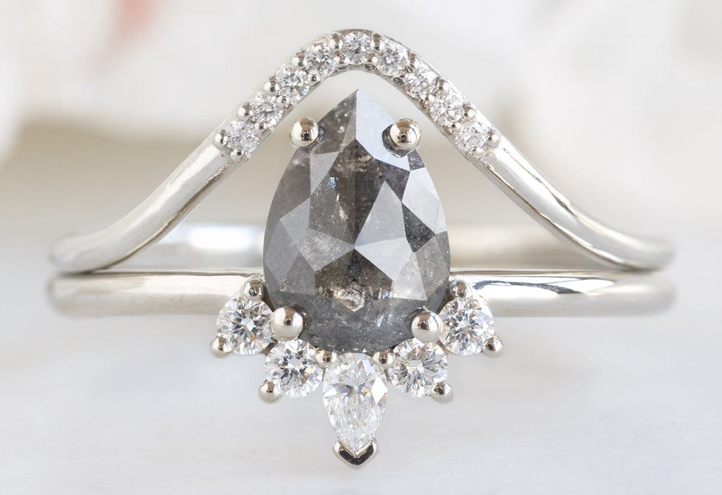 The Aster Ring with a Rose-Cut Black Diamond with Pavé Diamond Peak Stacking Band