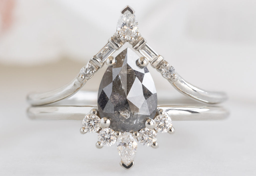 The Aster Ring with a Rose-Cut Black Diamond with White Diamond Tiara Stacking Band