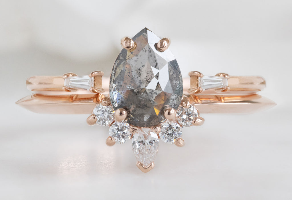 The Aster Ring with a Rose-Cut Salt and Pepper Diamond with Open Cuff Baguette Stacking Band