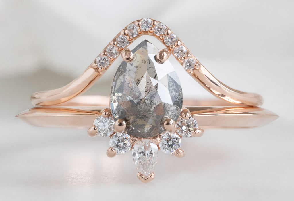The Aster Ring with a Rose-Cut Salt and Pepper Diamond with Pavé Peak Stacking Band