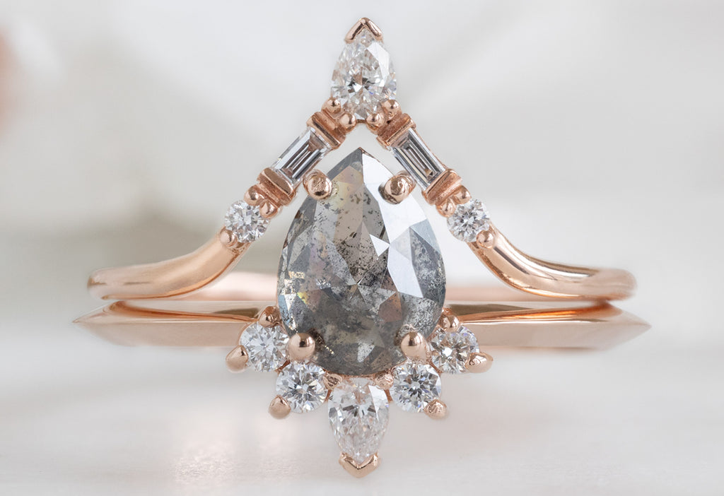 The Aster Ring with a Rose-Cut Salt and Pepper Diamond with White Diamond Tiara Stacking Band