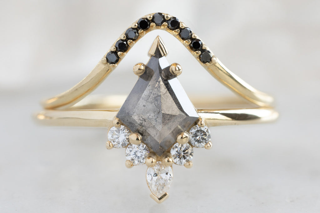 The Aster Ring with a Salt and Pepper Kite Diamond with Black Diamond Stacking Band