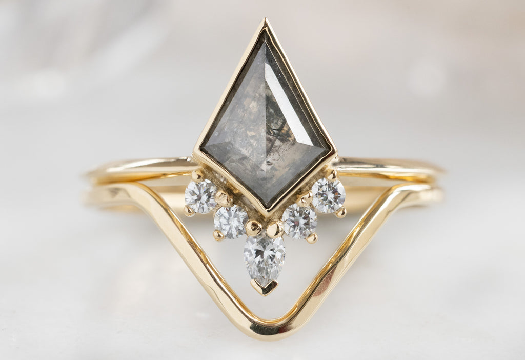 The Aster Ring with a Salt and Pepper Kite Diamond with Gold Peak Stacking Band