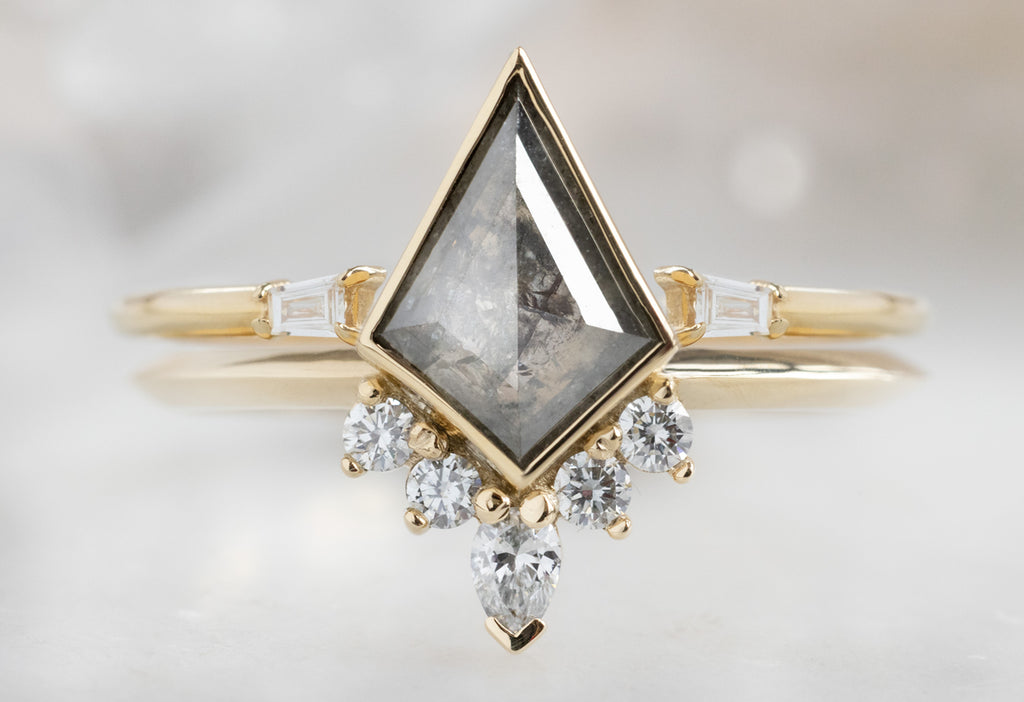 The Aster Ring with a Salt and Pepper Kite Diamond with Open Cuff Baguette Stacking Band