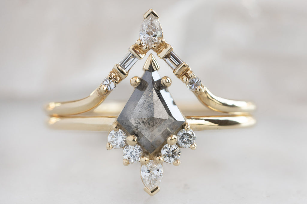 The Aster Ring with a Salt and Pepper Kite Diamond with White Diamond Tiara Stacking Band