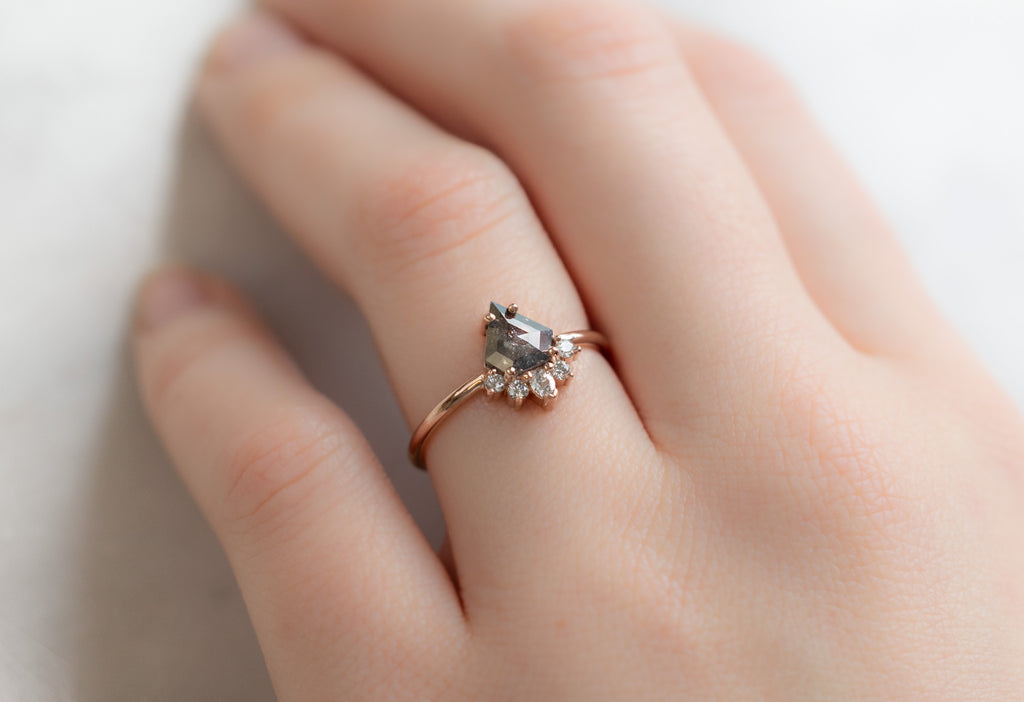 The Aster Ring with a Shield-Cut Salt and Pepper Diamond on Model