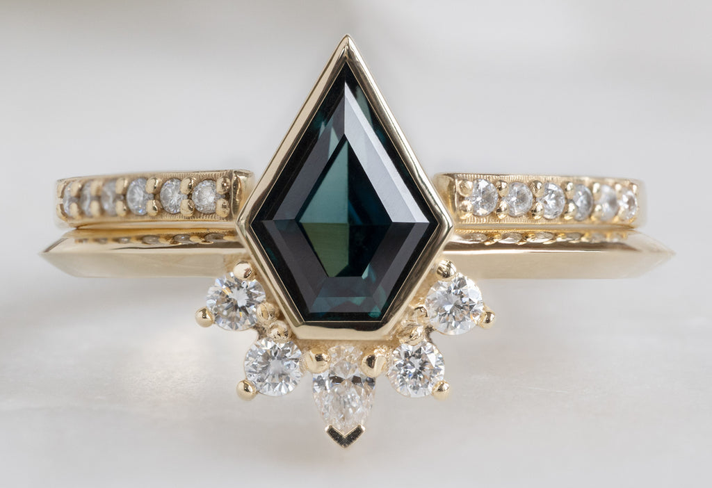 The Aster Ring with a Shield-Cut Sapphire with Open Cuff Pavé Stacking Band