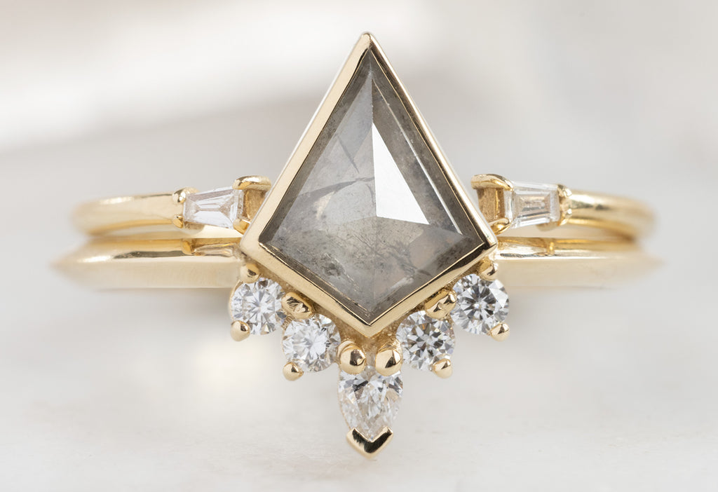 The Aster Ring with a Silvery Grey Kite-Shaped Diamond with Open Cuff Baguette Stacking Band