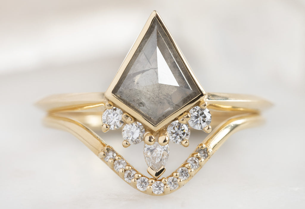 The Aster Ring with a Silvery Grey Kite-Shaped Diamond with White Diamond Pavé Peak Stacking Band