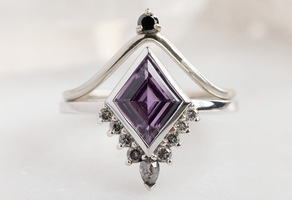 The Aster Ring with a Violet Kite-Shaped Sapphire with Diamond Crown Stacking Band