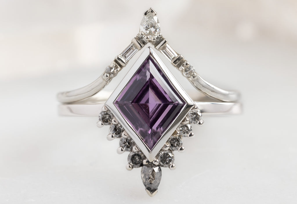 The Aster Ring with a Violet Kite-Shaped Sapphire with Diamond Tiara Stacking Band