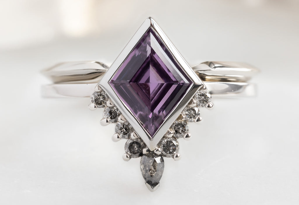 The Aster Ring with a Violet Kite-Shaped Sapphire with Open Cuff Knife Edge Stacking Band