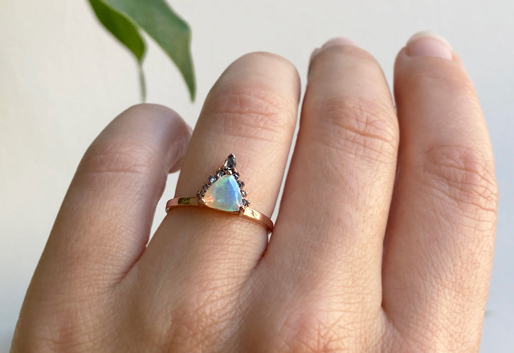 The Aster Ring with an Opal Trillion on Model