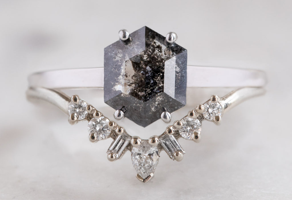 The Bryn Ring with a Black Hexagon Diamond with Stacking Band