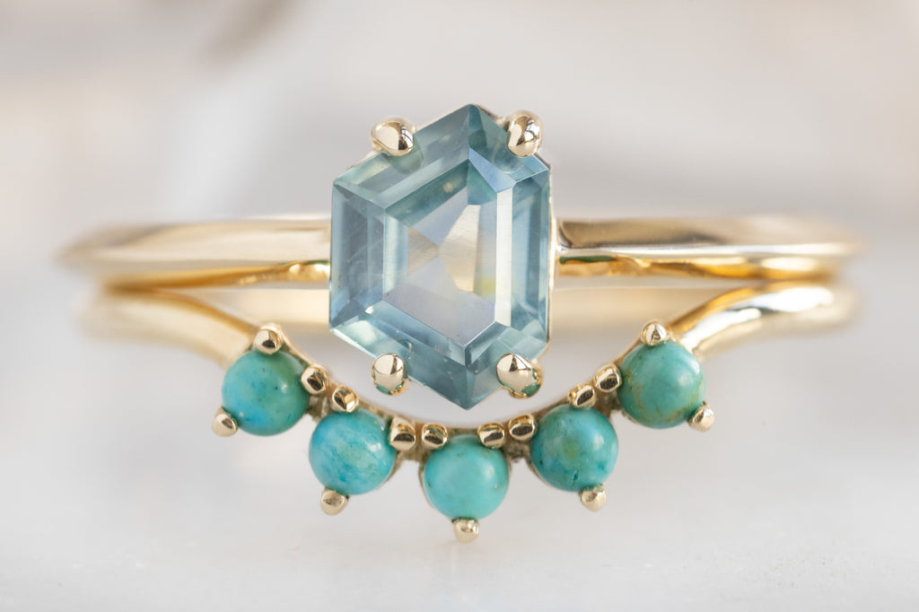 The Bryn Ring with a Geometric Montana Sapphire with Stacking Band