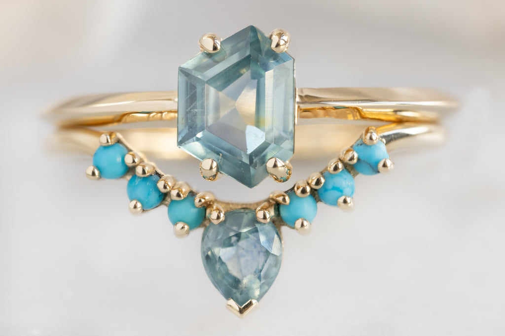 The Bryn Ring with a Geometric Montana Sapphire with Stacking Band