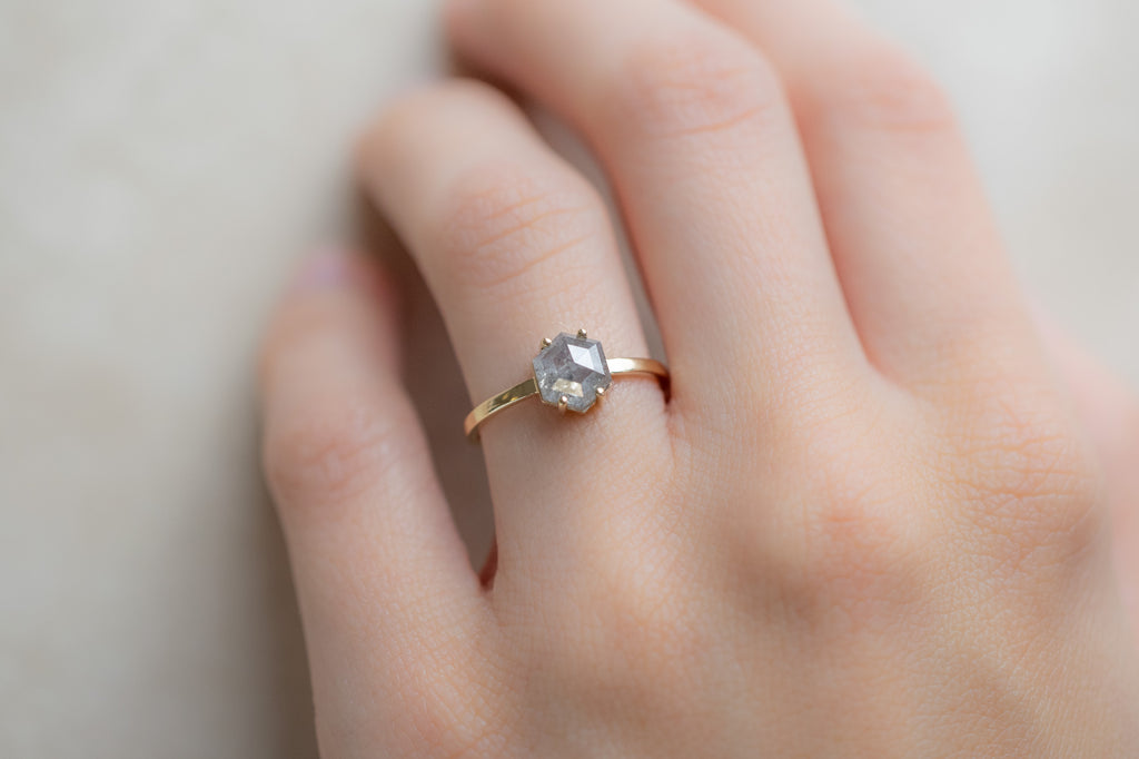 The Bryn Ring with a Grey Opalescent Hexagon Diamond on Model