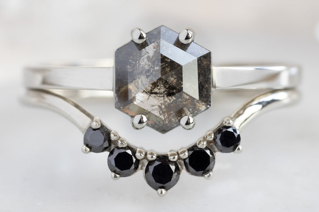 The Bryn Ring with a Black Hexagon Diamond with Round Black Diamond Sunburst