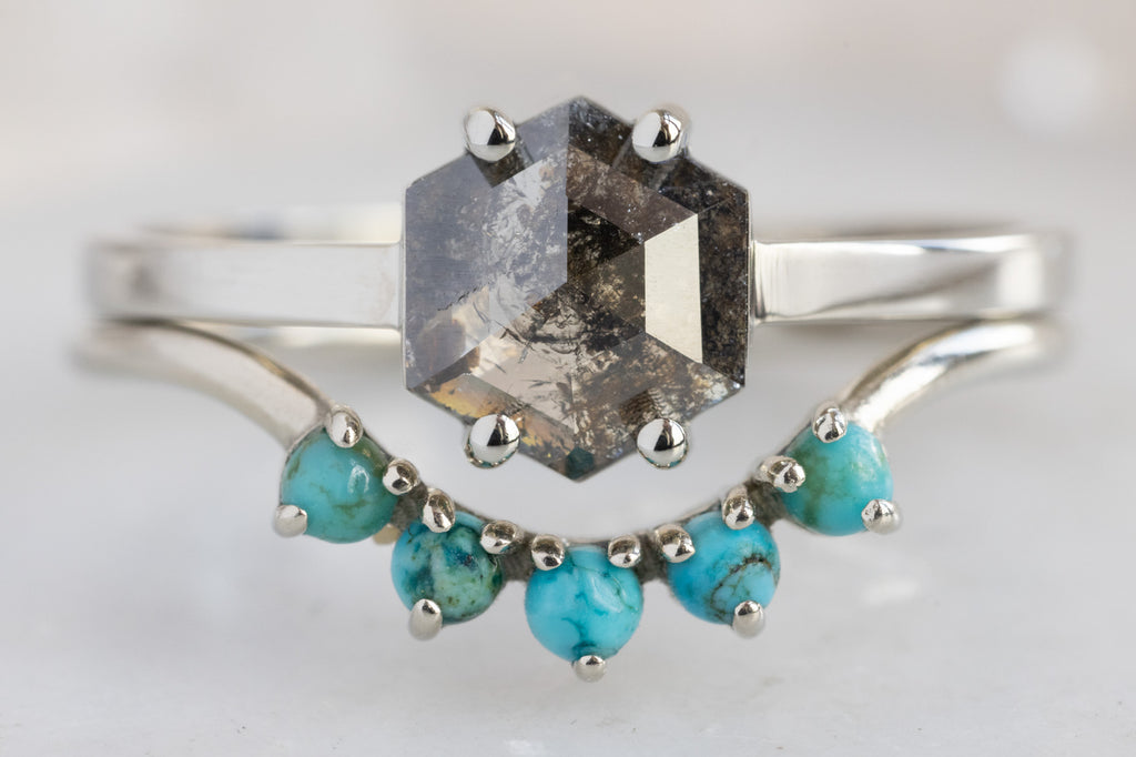 The Bryn Ring with a Black Hexagon Diamond with Turquoise Sunburst Stacking Band