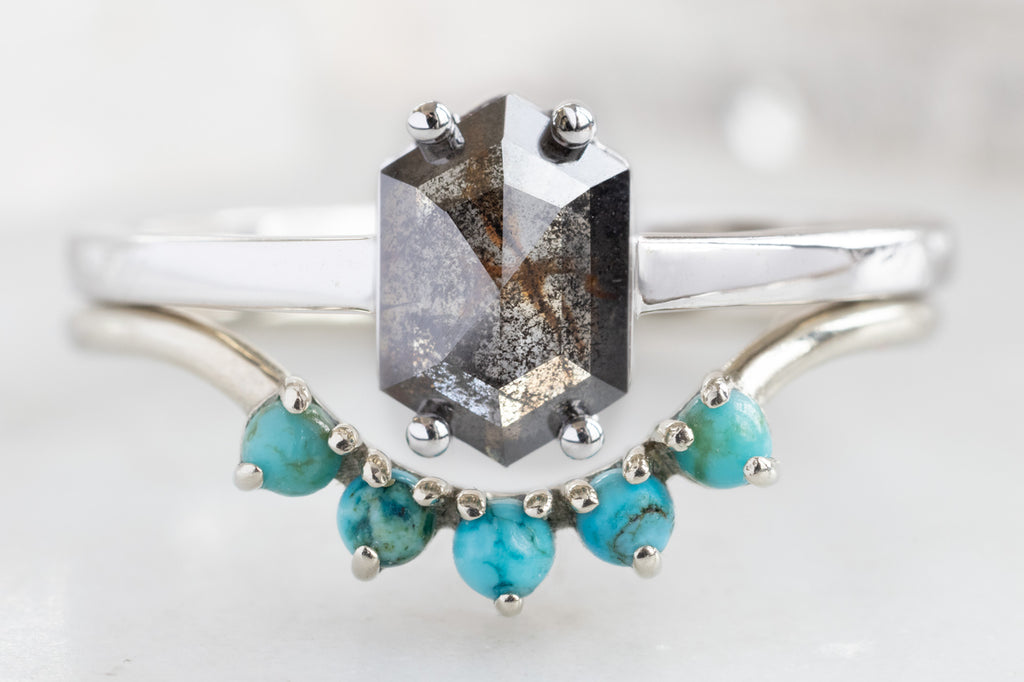 The Bryn Ring with a Black Hexagon Diamond with Turquoise Stacking Band