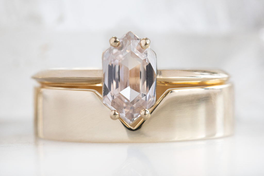 The Bryn Ring with a Hexagon Peach Sapphire With Stacking Band