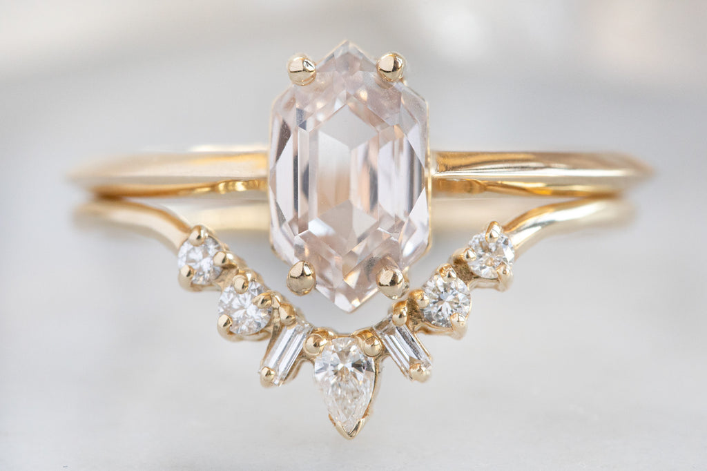 The Bryn Ring with a Hexagon Peach Sapphire With Stacking Band
