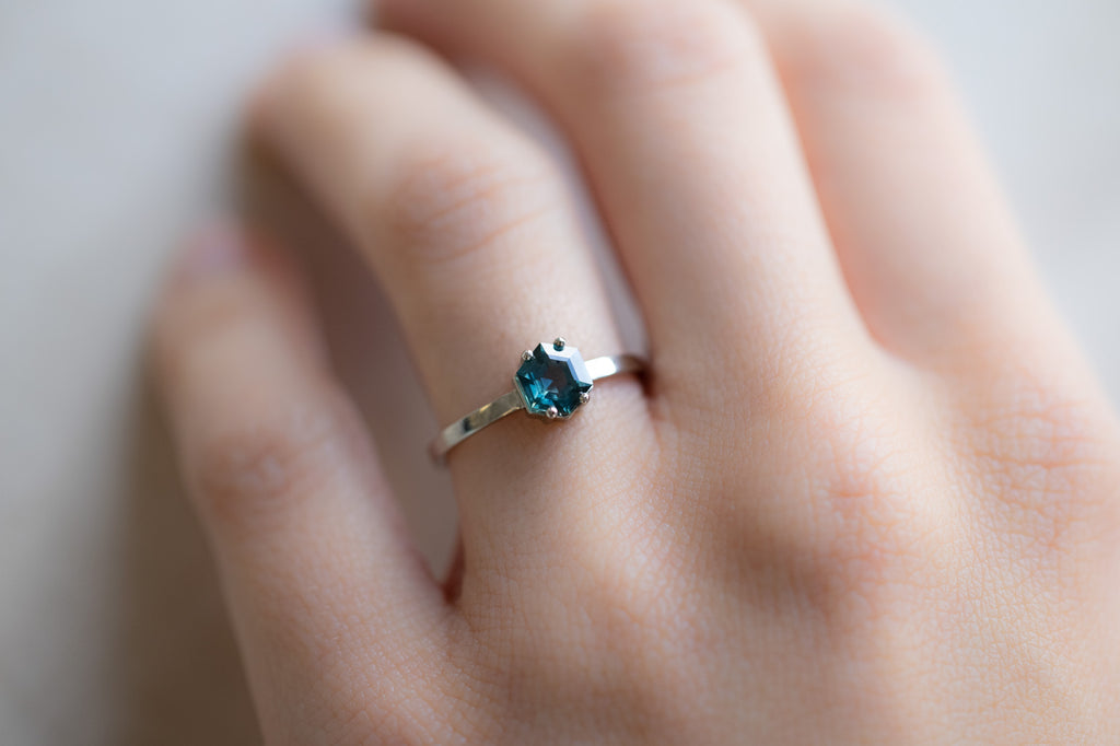 The Bryn Ring with a Montana Sapphire Hexagon on Model