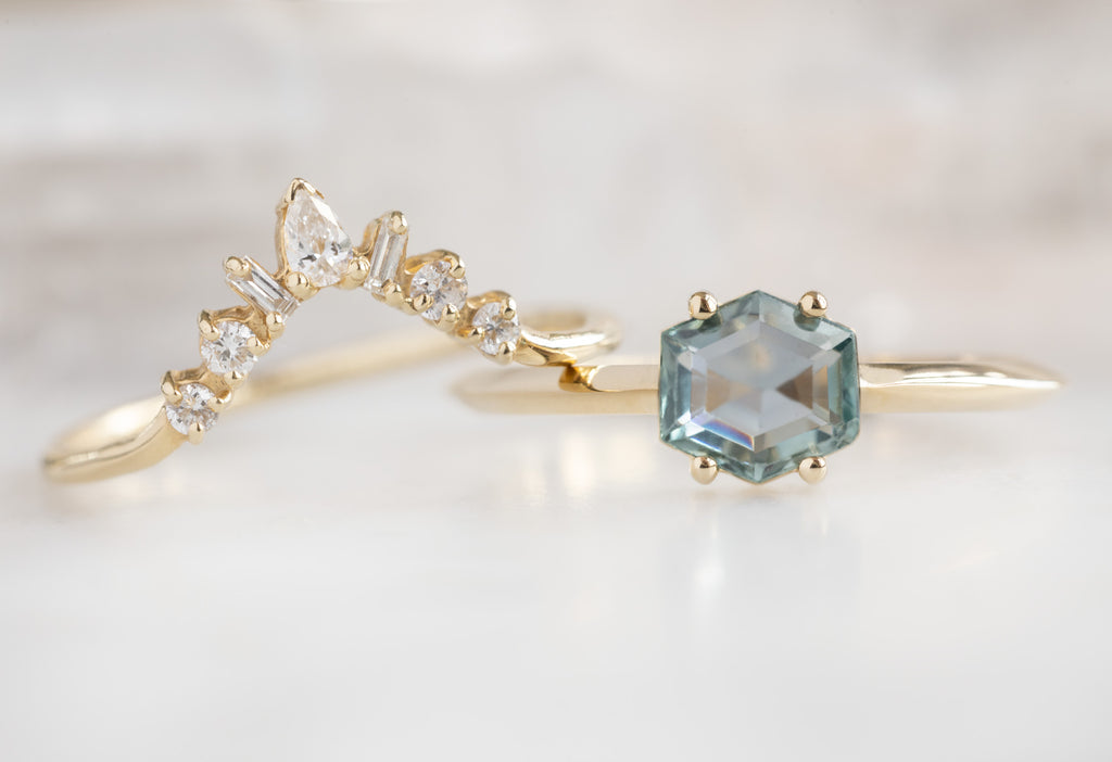 The Bryn Ring with a Montana Sapphire Hexagon with White Diamond Geometric Stacking Bands