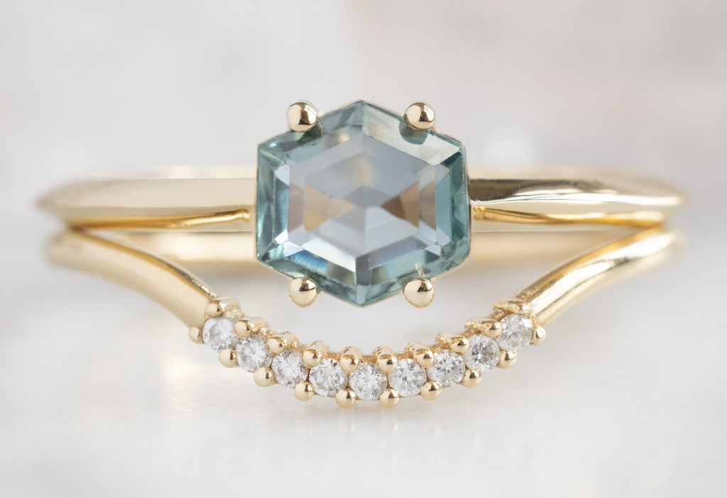 The Bryn Ring with a Montana Sapphire Hexagon with Pave Arc Stacking Band
