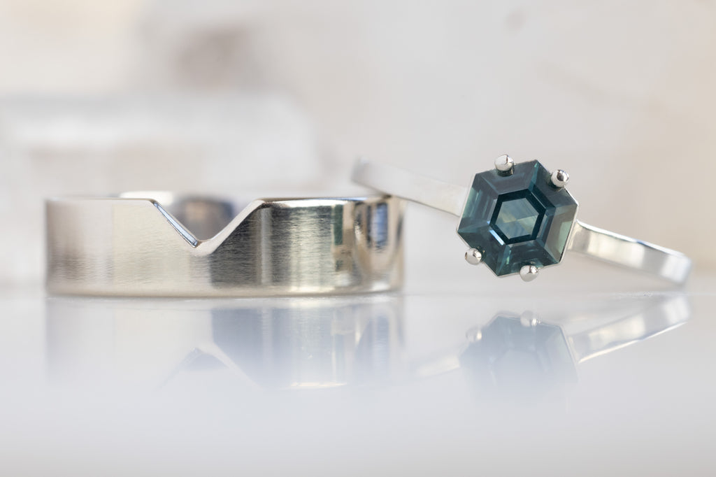 The Bryn Ring with a Montana Sapphire Hexagon with Stacking Band